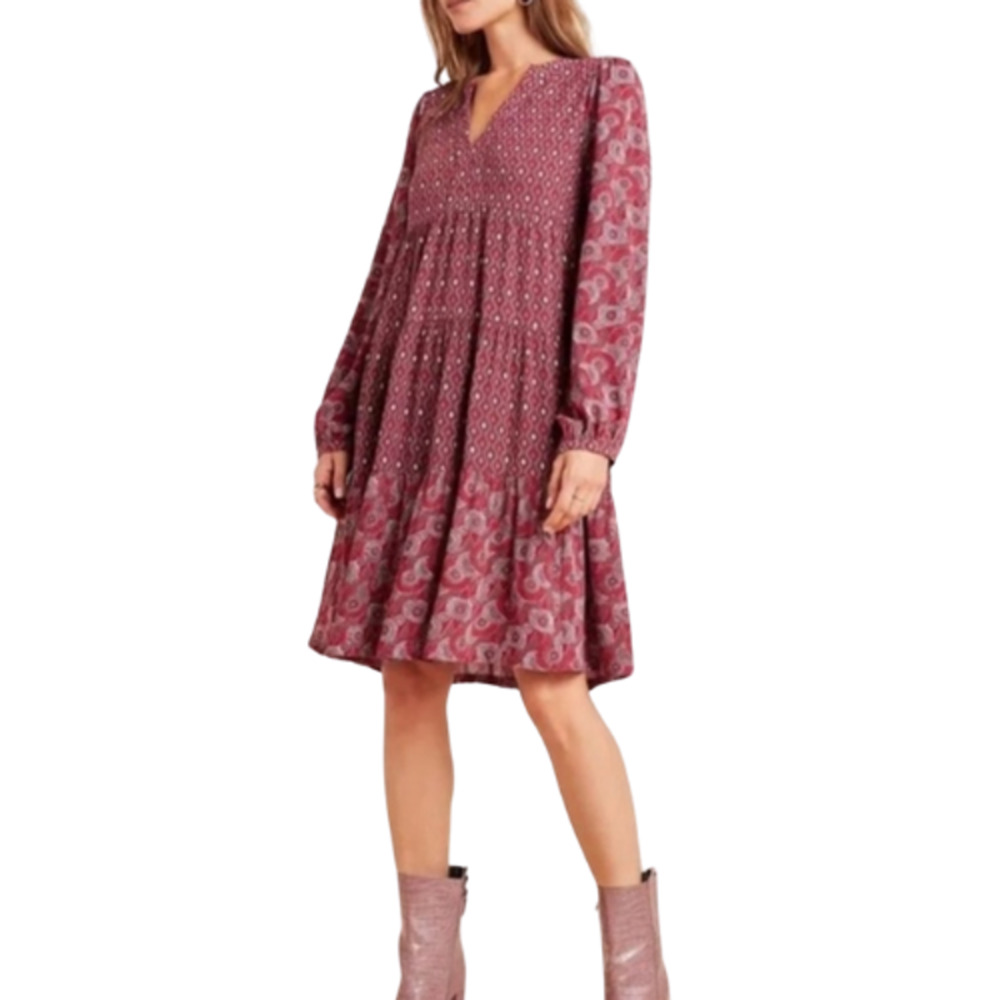 Maeve Anthropologie Tiered Boho Dress Burgundy Red XL Long Sleeve Viscose